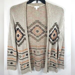 J.Jill Beige Aztec Print Long Sleeve Sweater Cardigan Sz S